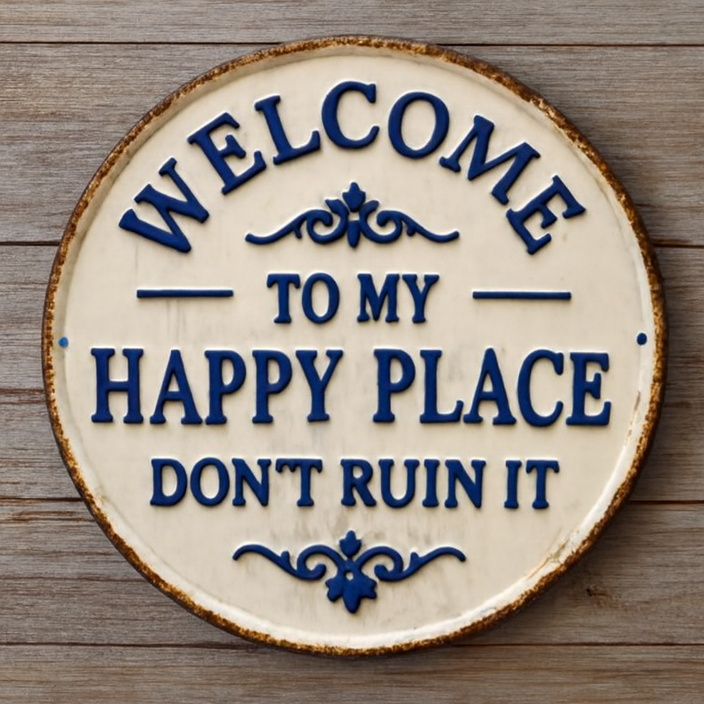 HIVORE™ Vintage Metal Welcome Sign – “Welcome to My Happy Place, Don’t Ruin It” | Vintage Floral Iron Wall Art (7.8x7.8")