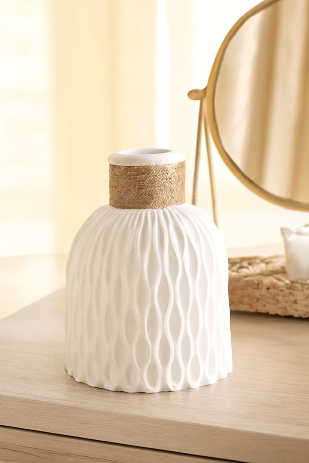 HIVORE™ Textured Ceramic Vase – Rustic White Floral Accent with Burlap Wrap for Home & Vanity Décor