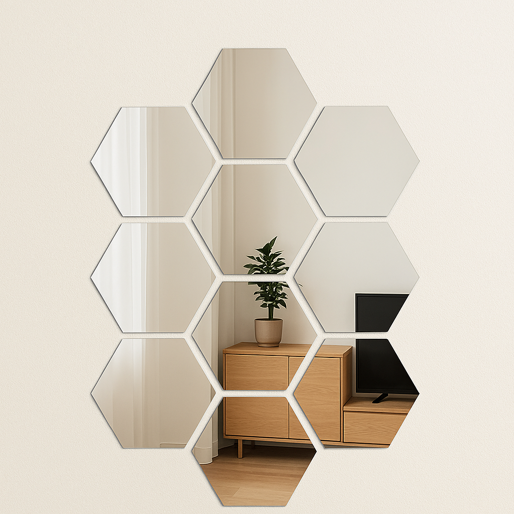 HIVORE™ 12pcs 3D Hexagon Mirror Wall Stickers – Modern Geometric DIY Décor for Home & Office