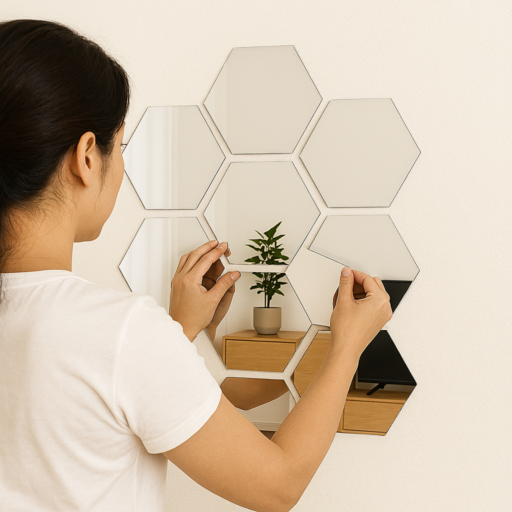 HIVORE™ 12pcs 3D Hexagon Mirror Wall Stickers – Modern Geometric DIY Décor for Home & Office