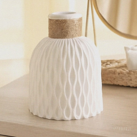 HIVORE™ Textured Ceramic Vase – Rustic White Floral Accent with Burlap Wrap for Home & Vanity Décor